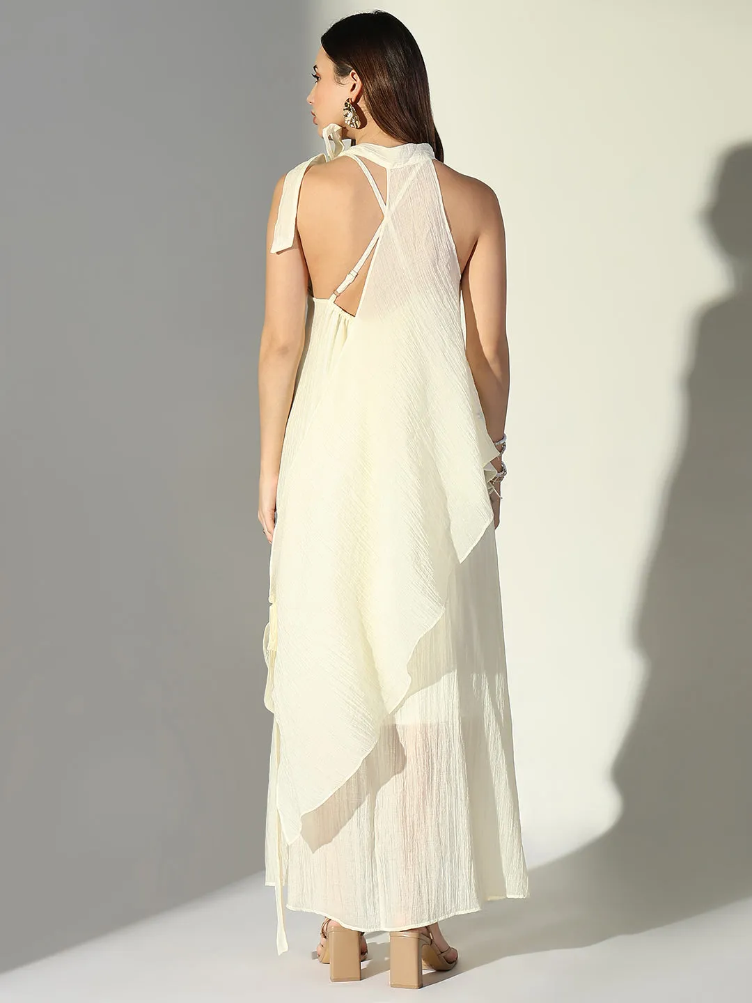 SHOWOFFFF Edition Women's Draped Cream Maxi Dress with Neck Tie