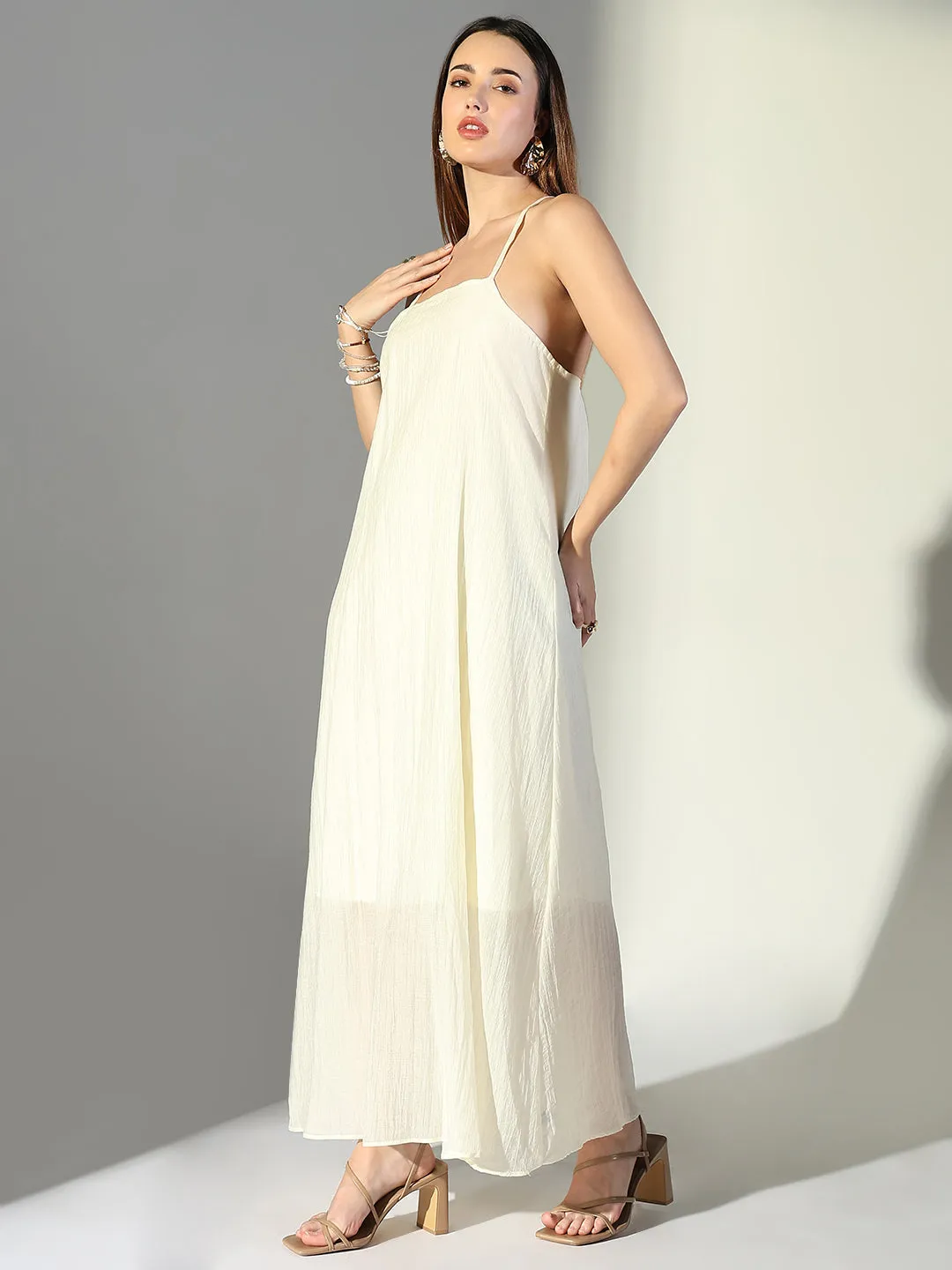 SHOWOFFFF Edition Women's Draped Cream Maxi Dress with Neck Tie