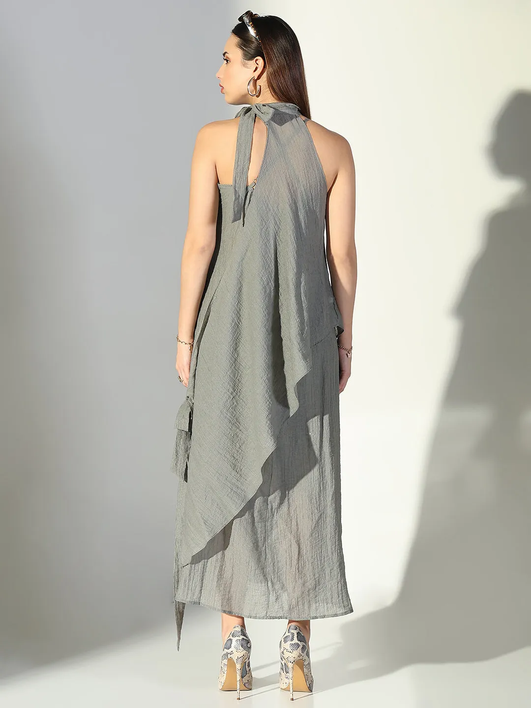 SHOWOFFFF Edition Women's Draped Grey Maxi Dress with Neck Tie