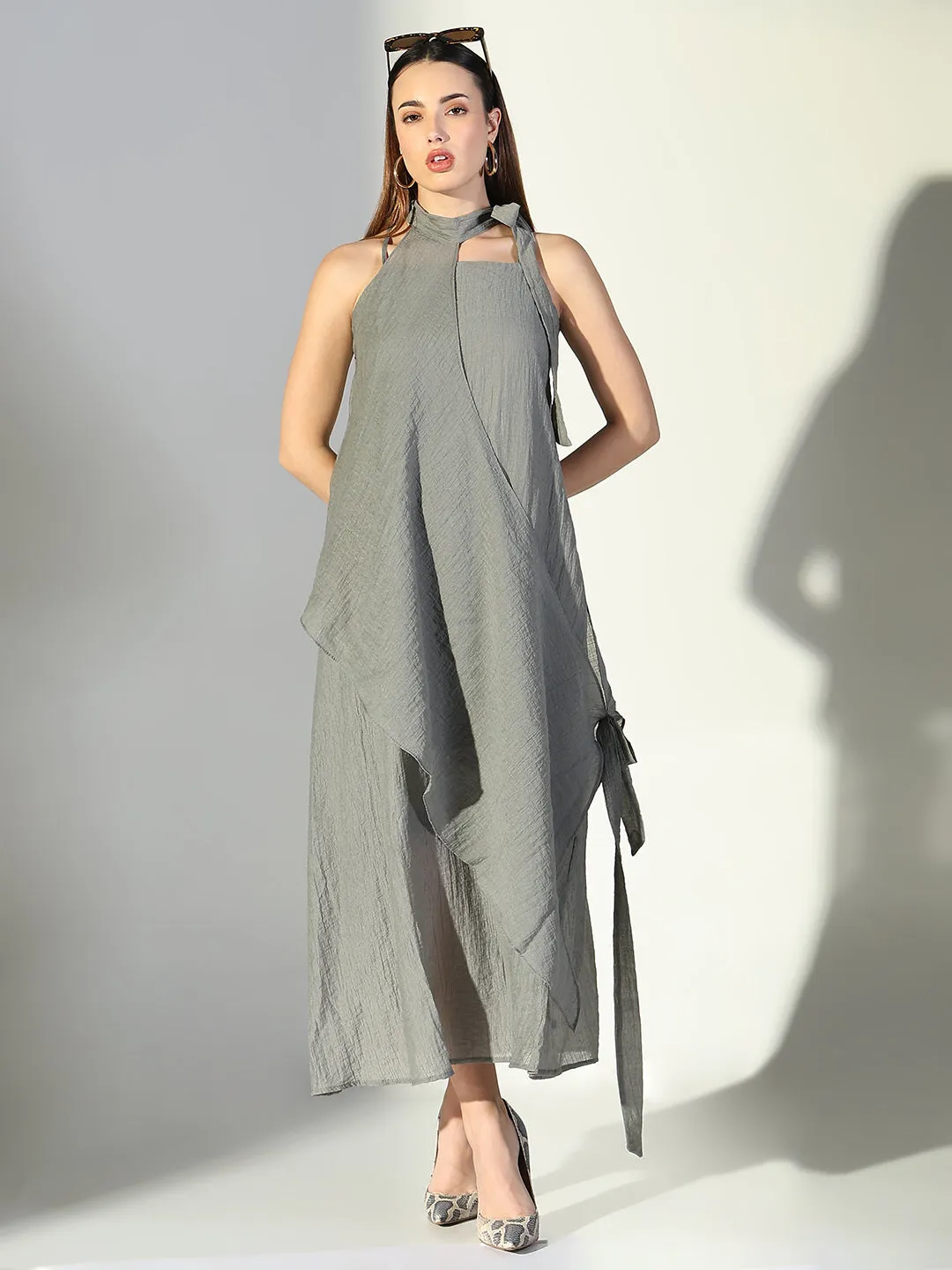SHOWOFFFF Edition Women's Draped Grey Maxi Dress with Neck Tie