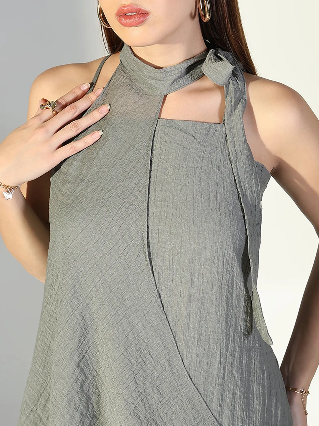 SHOWOFFFF Edition Women's Draped Grey Maxi Dress with Neck Tie