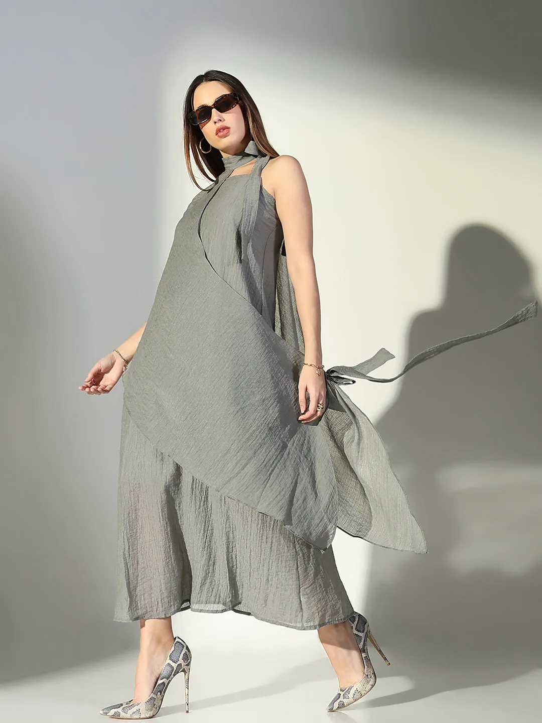 SHOWOFFFF Edition Women's Draped Grey Maxi Dress with Neck Tie