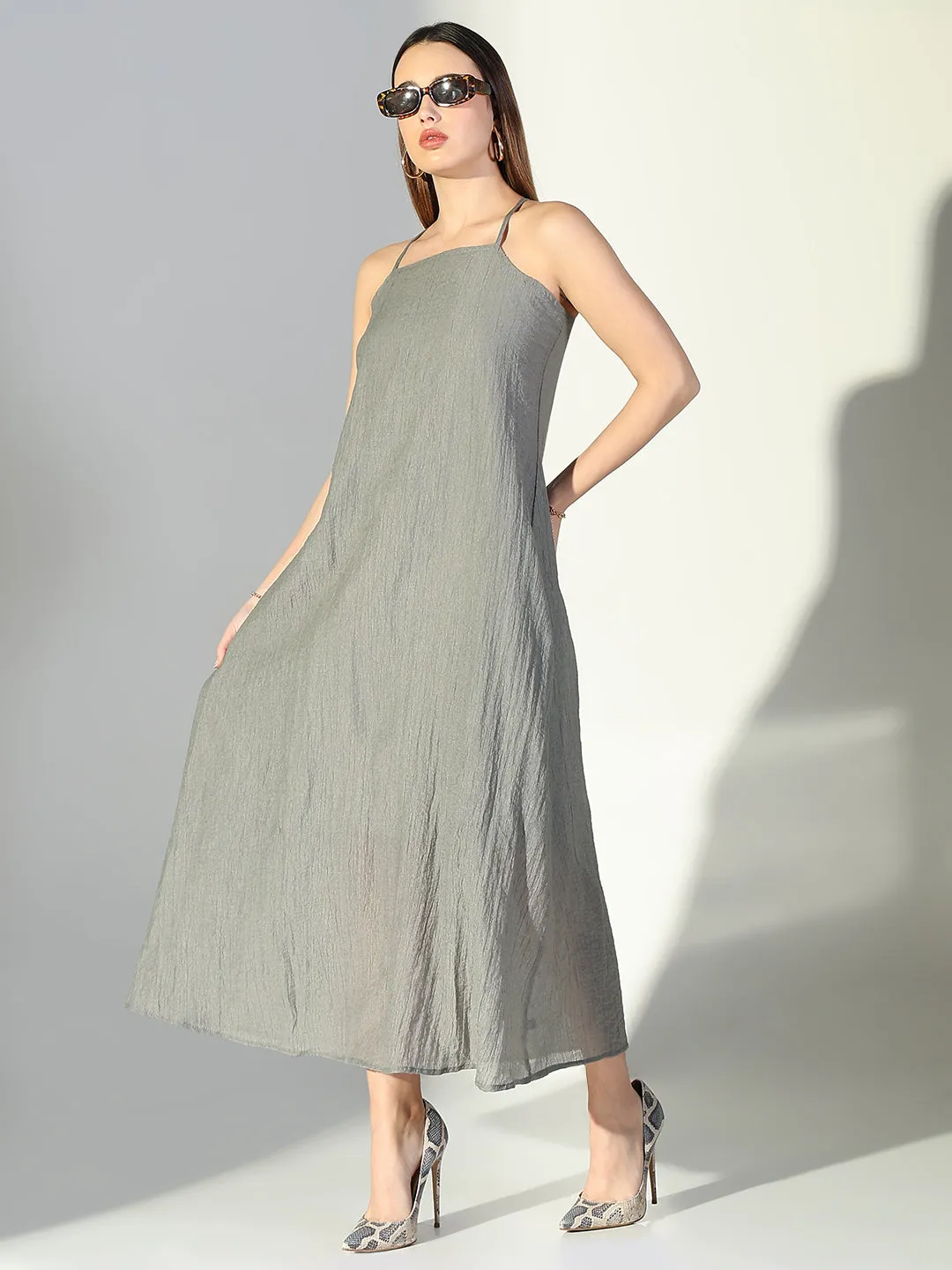 SHOWOFFFF Edition Women's Draped Grey Maxi Dress with Neck Tie