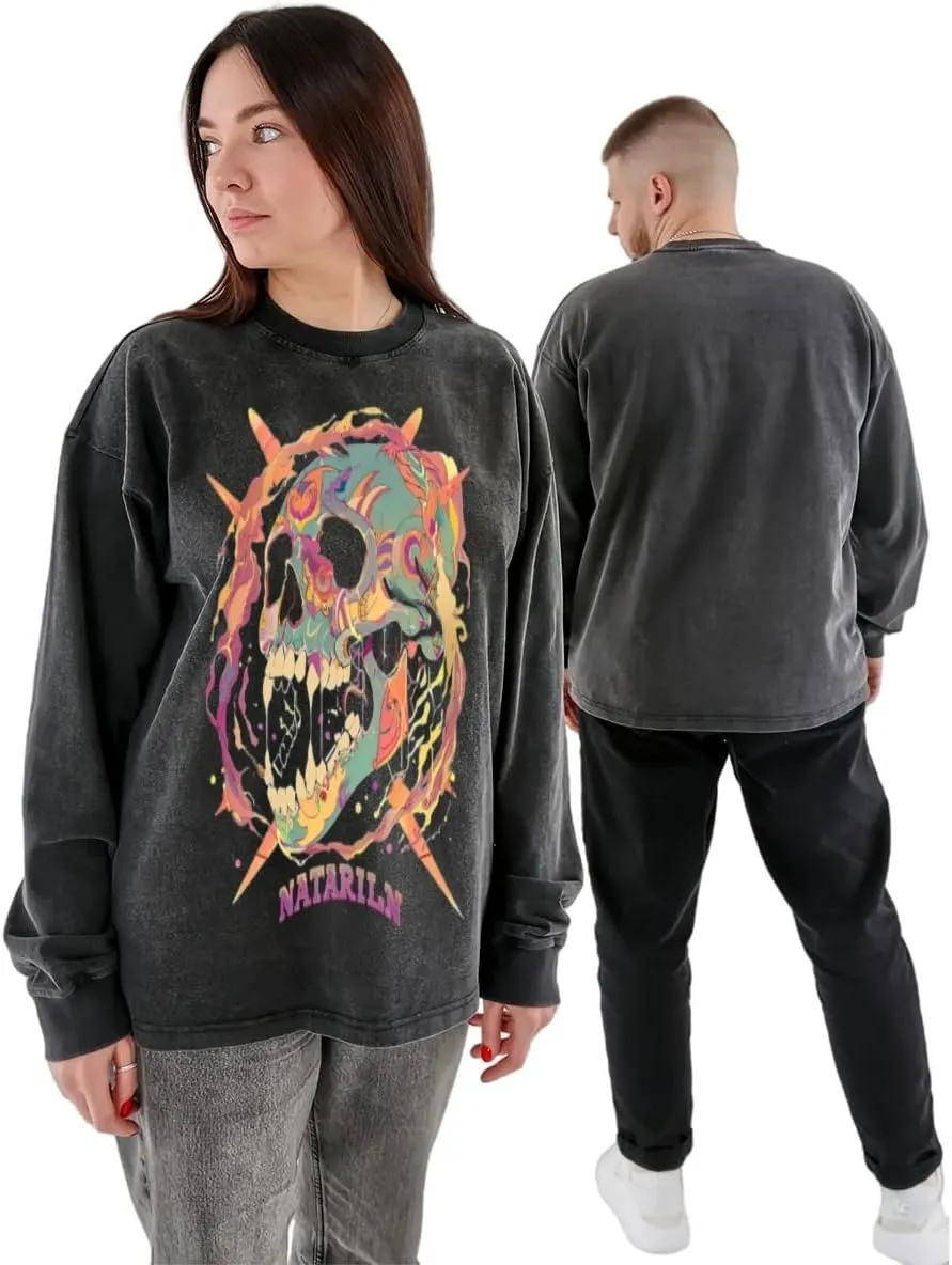 Skull Cowboy Smoking Classic Old Retro Long Sleeve Shirt Men's Woman Round Neck Sports T-Shirt
