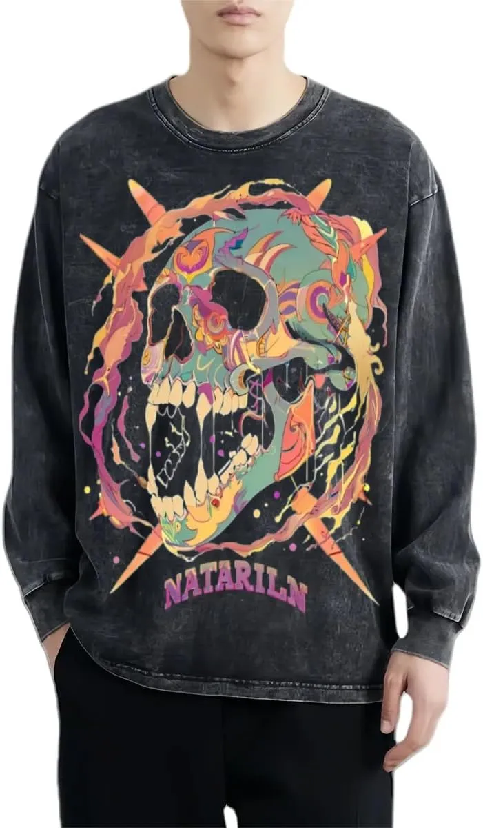 Skull Cowboy Smoking Classic Old Retro Long Sleeve Shirt Men's Woman Round Neck Sports T-Shirt