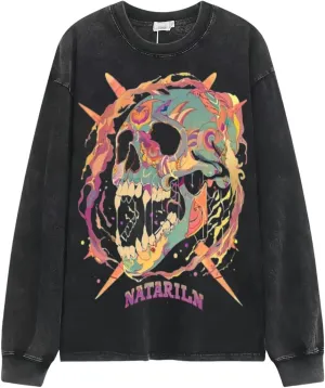Skull Cowboy Smoking Classic Old Retro Long Sleeve Shirt Men's Woman Round Neck Sports T-Shirt