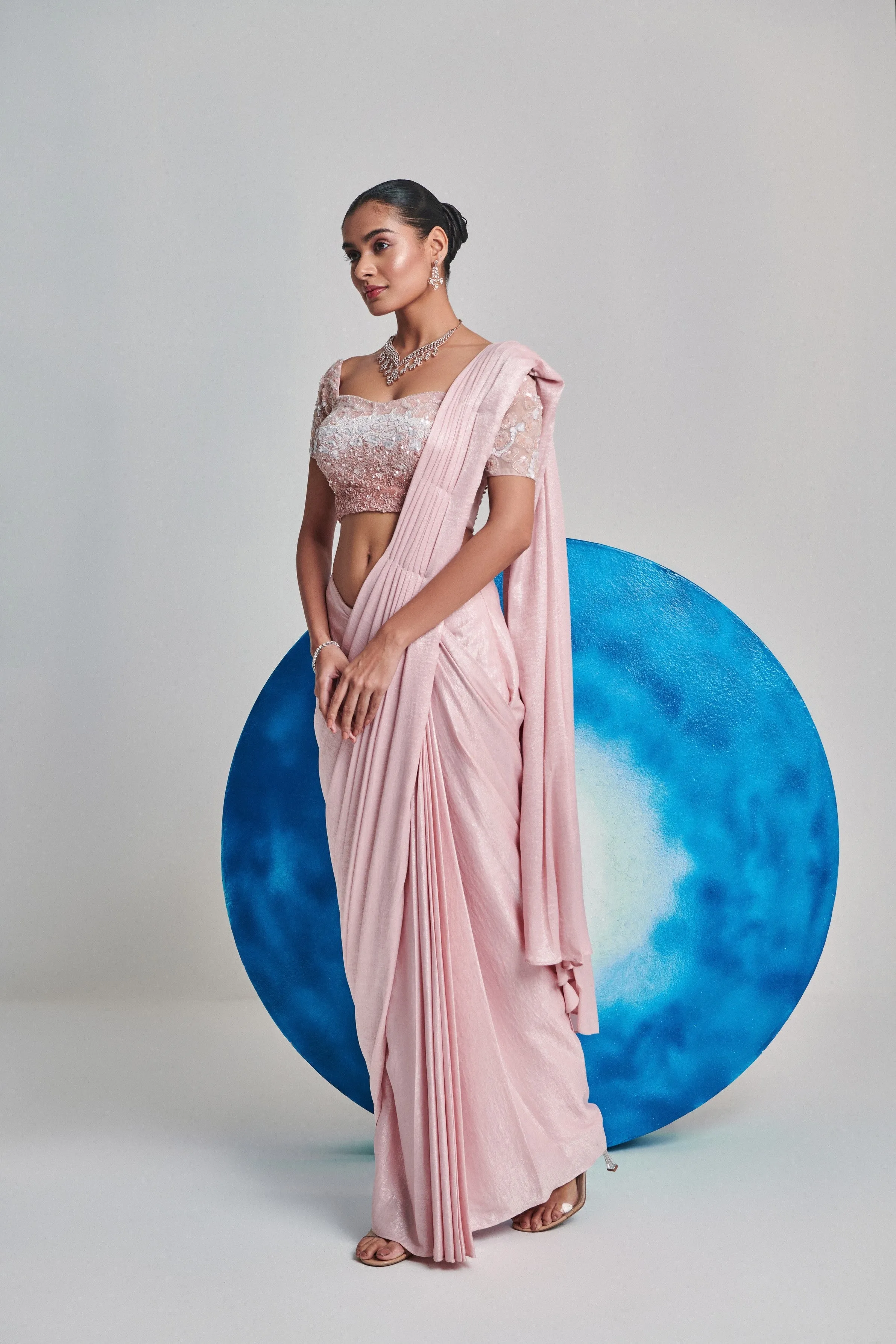Soft pink ombre gradient pre stitch hand embroider drape saree