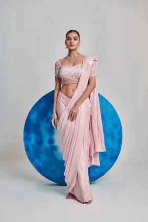 Soft pink ombre gradient pre stitch hand embroider drape saree