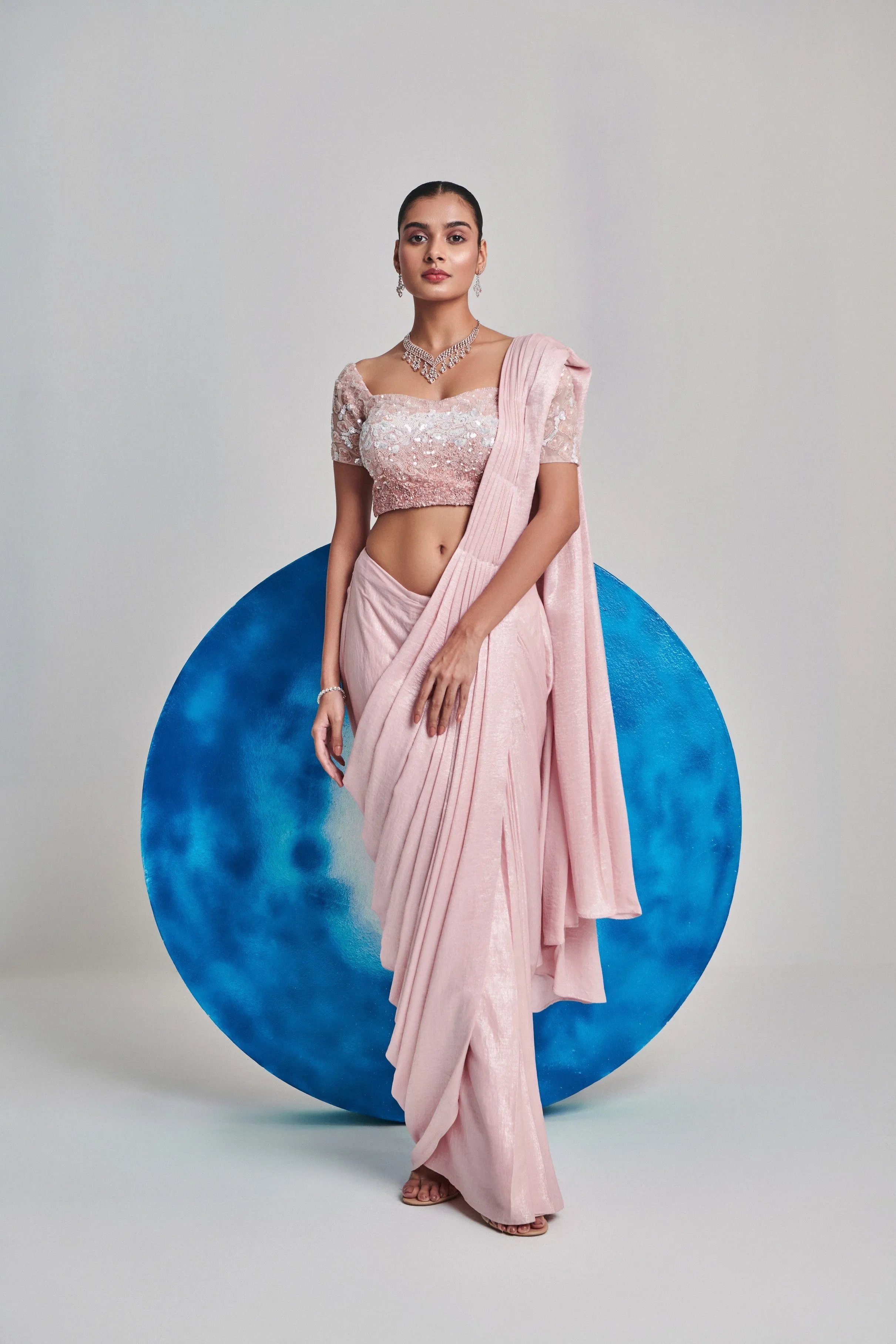 Soft pink ombre gradient pre stitch hand embroider drape saree
