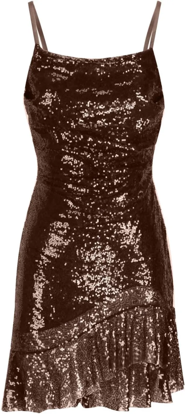 Sparkly Party Dress for Women Sexy Spaghetti Strap Mini Dresses Ruffle Glitter Sling Going Out Short