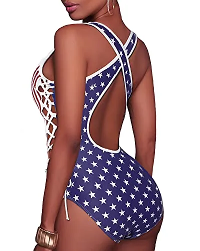 Strappy Cutout Monokini Sexy One Piece Swimsuits-National Flag