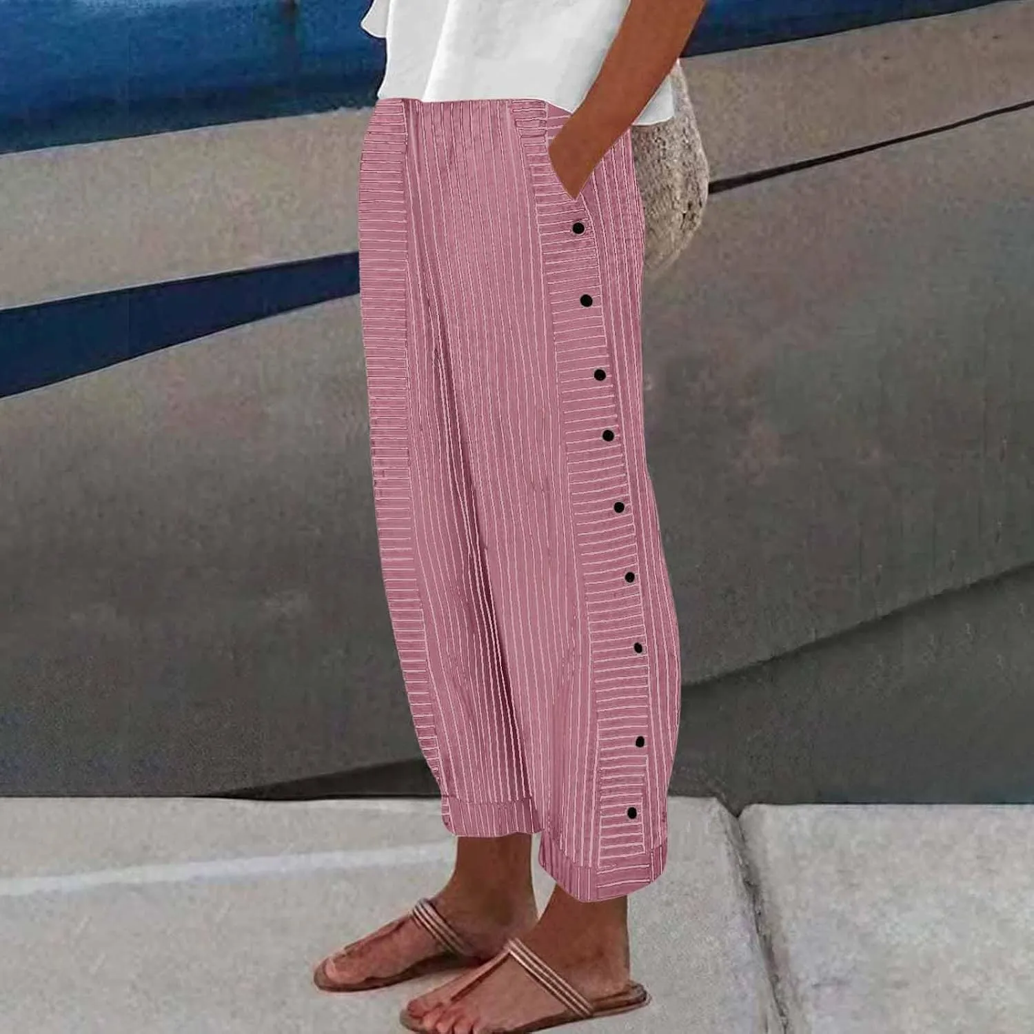 Striped Linen Pants Women Casual High Waisted Wide Leg Cropped Pants Summer Beach Gauze Capri Trousers with Pockets