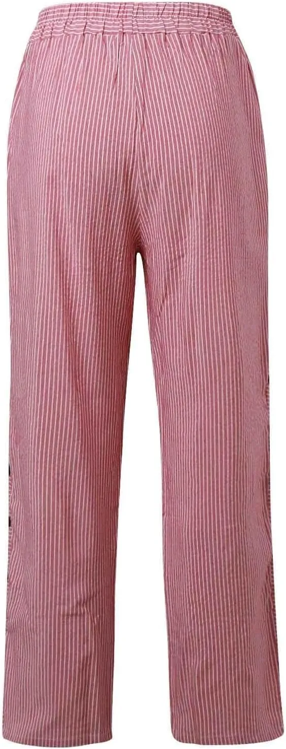 Striped Linen Pants Women Casual High Waisted Wide Leg Cropped Pants Summer Beach Gauze Capri Trousers with Pockets