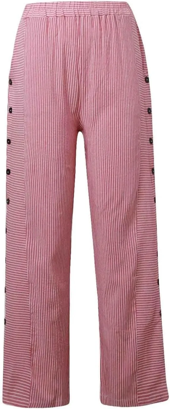 Striped Linen Pants Women Casual High Waisted Wide Leg Cropped Pants Summer Beach Gauze Capri Trousers with Pockets