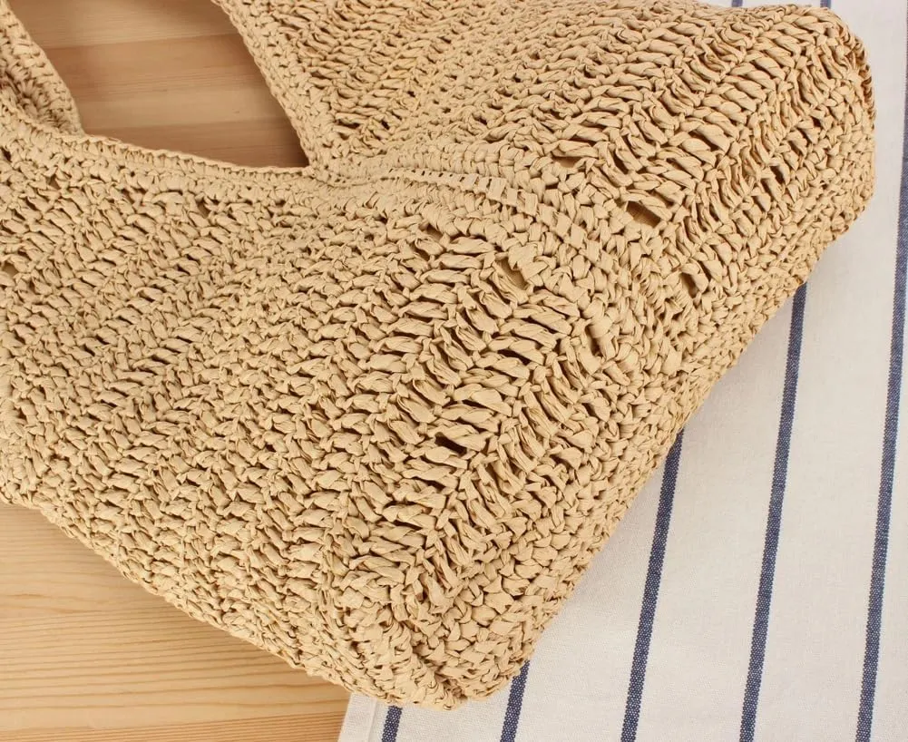 Summer Beach Straw Bag for Women Handmade Crochet Straw Shoulder Bag Purse Carryall Woven Hobo Bag Vacation