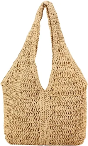 Summer Beach Straw Bag for Women Handmade Crochet Straw Shoulder Bag Purse Carryall Woven Hobo Bag Vacation
