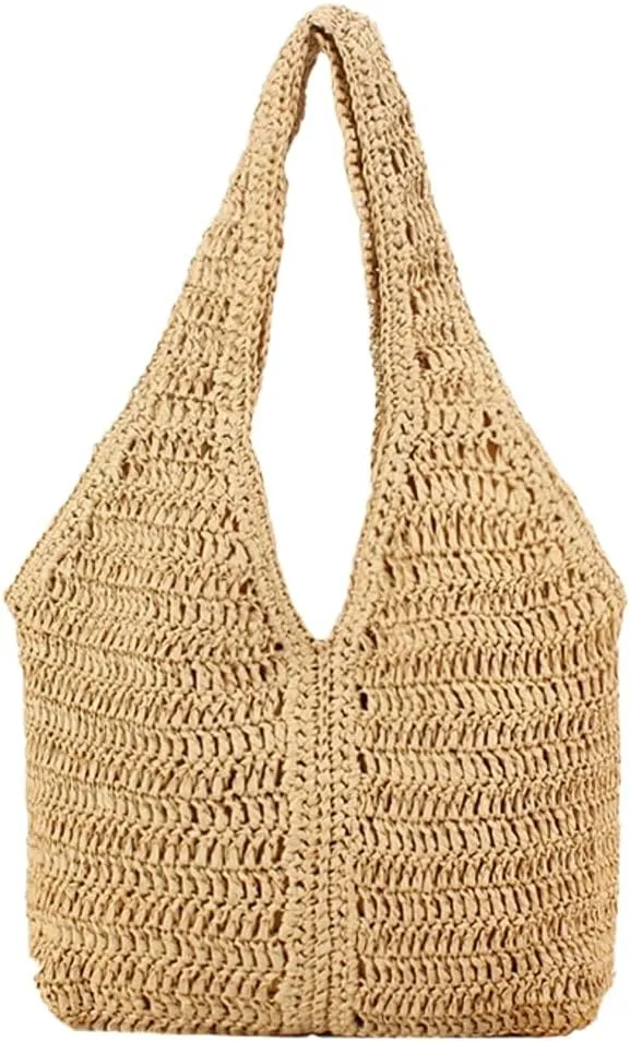 Summer Beach Straw Bag for Women Handmade Crochet Straw Shoulder Bag Purse Carryall Woven Hobo Bag Vacation