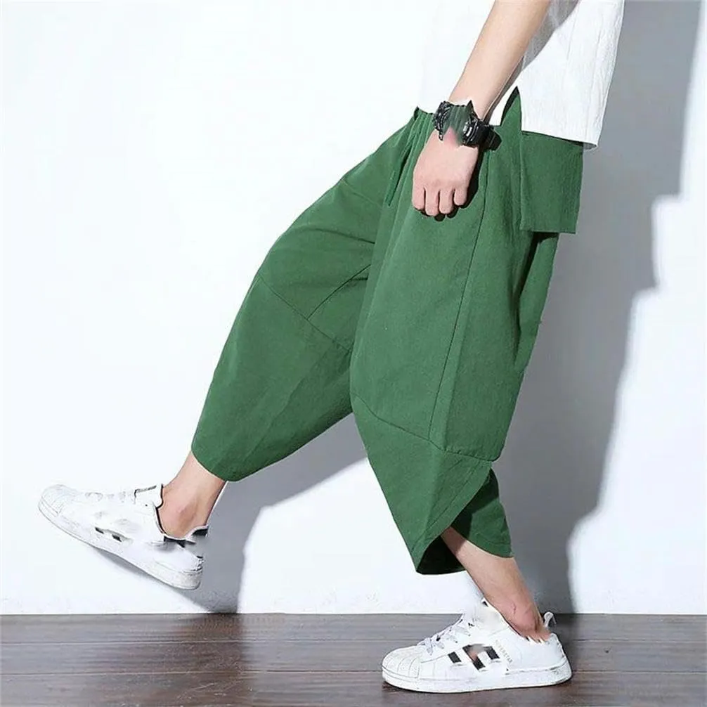 Summer Cotton Trousers for Men Casual Chinese Style Elastic Waist Linen Pants Solid Color Harem Pants