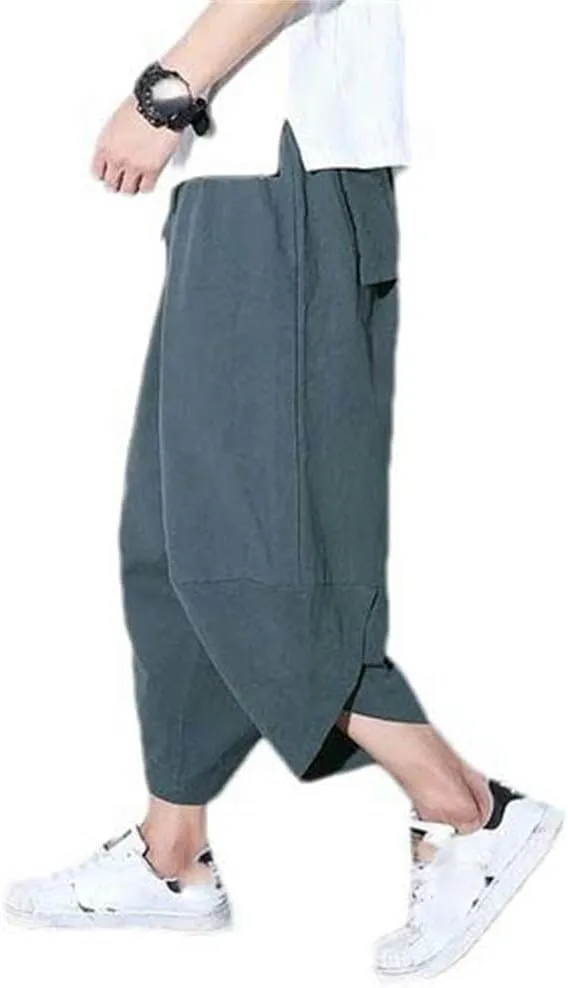 Summer Cotton Trousers for Men Casual Chinese Style Elastic Waist Linen Pants Solid Color Harem Pants