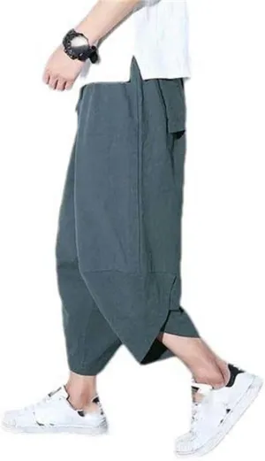 Summer Cotton Trousers for Men Casual Chinese Style Elastic Waist Linen Pants Solid Color Harem Pants
