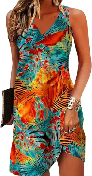 Sun Salt Sand Coconut Tree Tank Mini Dress for Women Sleeveless Beach Praty Shirts Summer Vacation Short Mini Dresses(Medium,As Shown)