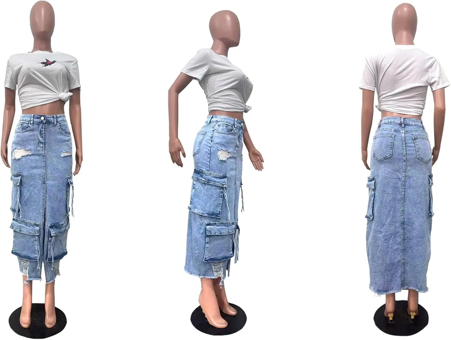 Tbahhir Women Maxi Denim Skirt Cargo High Waisted Jean Skirts Long with Slit Ripped Frayed Raw Hem Y2k Streetwear