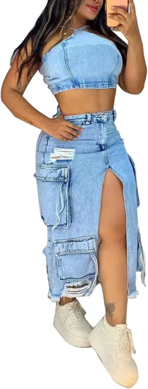 Tbahhir Women Maxi Denim Skirt Cargo High Waisted Jean Skirts Long with Slit Ripped Frayed Raw Hem Y2k Streetwear
