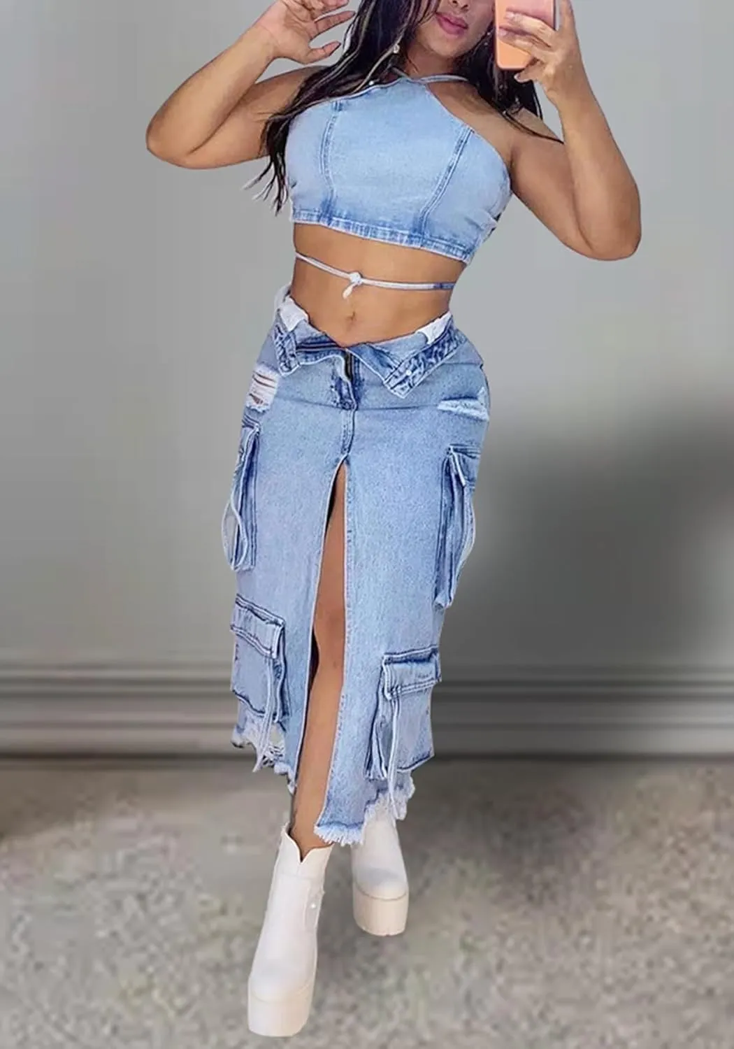 Tbahhir Women Maxi Denim Skirt Cargo High Waisted Jean Skirts Long with Slit Ripped Frayed Raw Hem Y2k Streetwear
