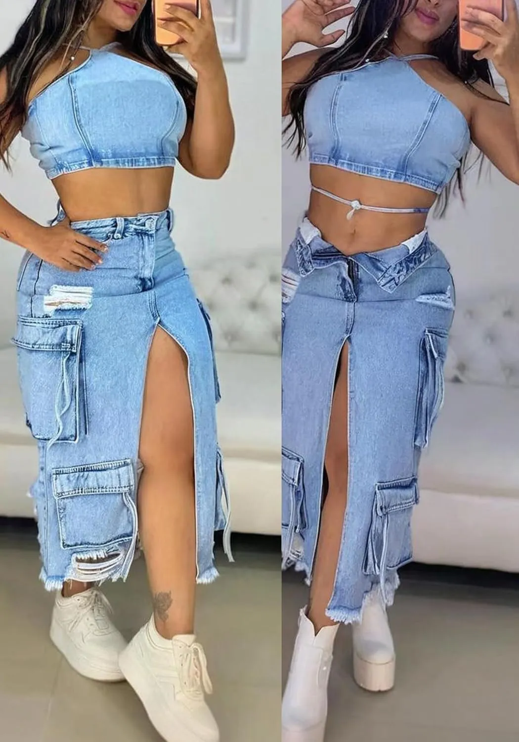 Tbahhir Women Maxi Denim Skirt Cargo High Waisted Jean Skirts Long with Slit Ripped Frayed Raw Hem Y2k Streetwear