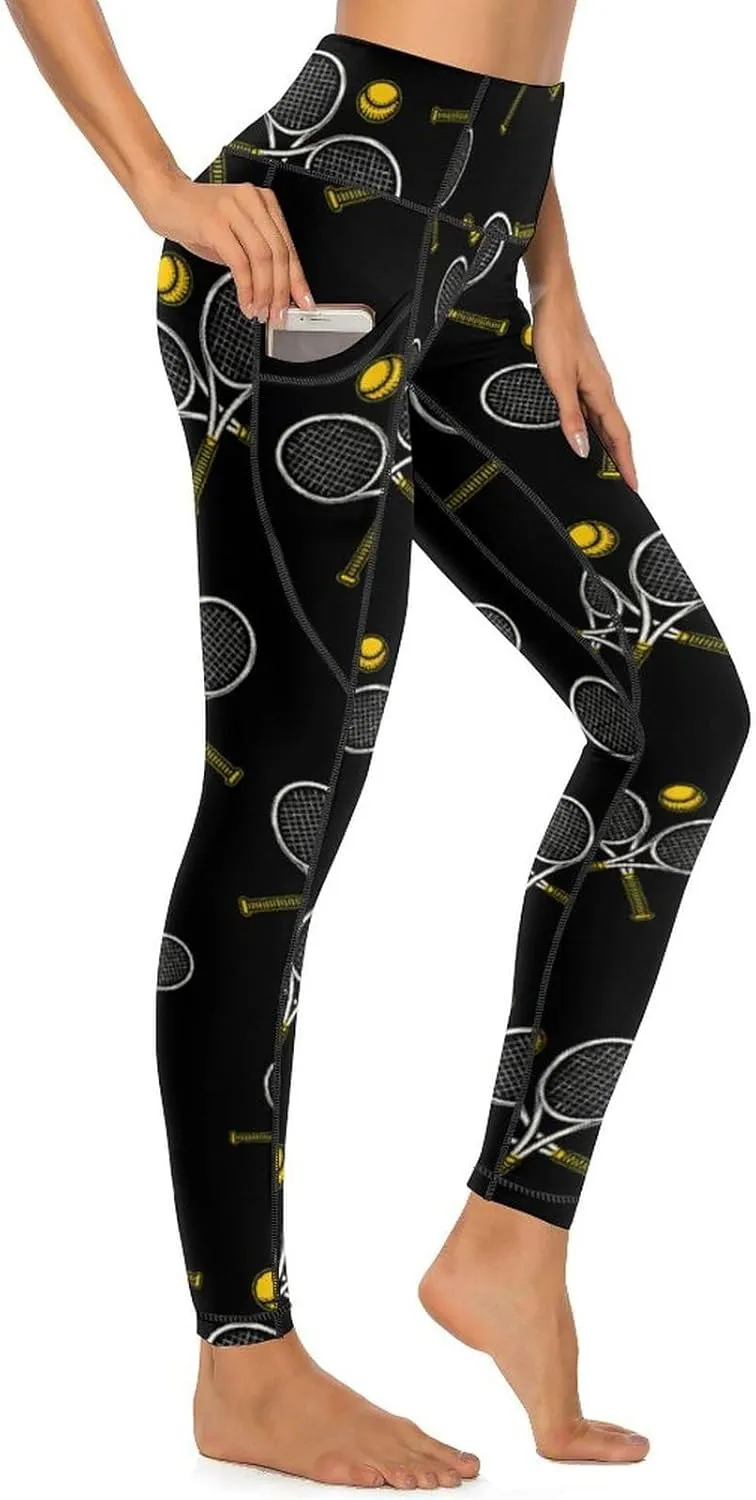 Tennis Racket Ball Women's Yoga Pants Leggings with Pockets High Waist Compression Workout Pants