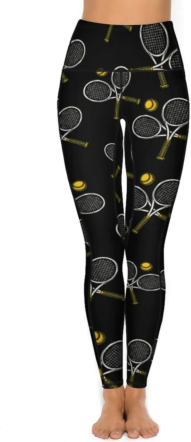 Tennis Racket Ball Women's Yoga Pants Leggings with Pockets High Waist Compression Workout Pants