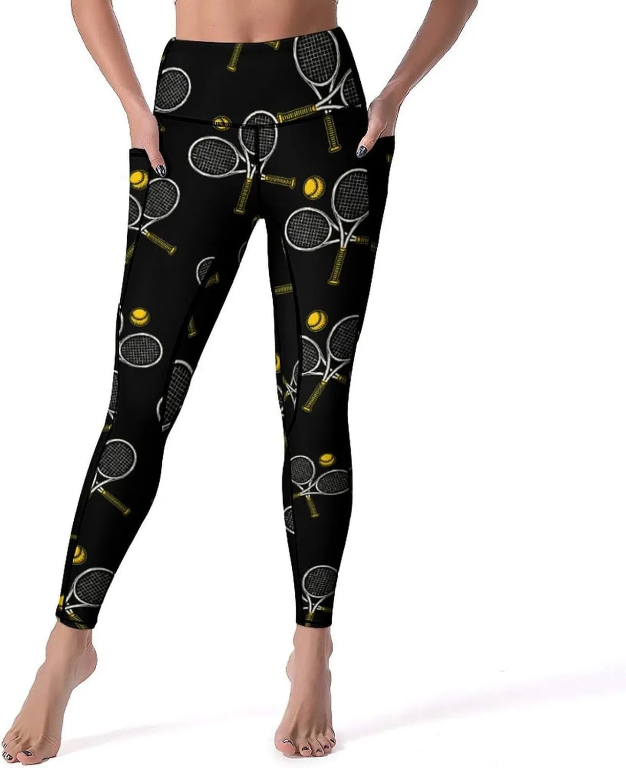 Tennis Racket Ball Women's Yoga Pants Leggings with Pockets High Waist Compression Workout Pants
