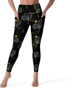 Tennis Racket Ball Women's Yoga Pants Leggings with Pockets High Waist Compression Workout Pants