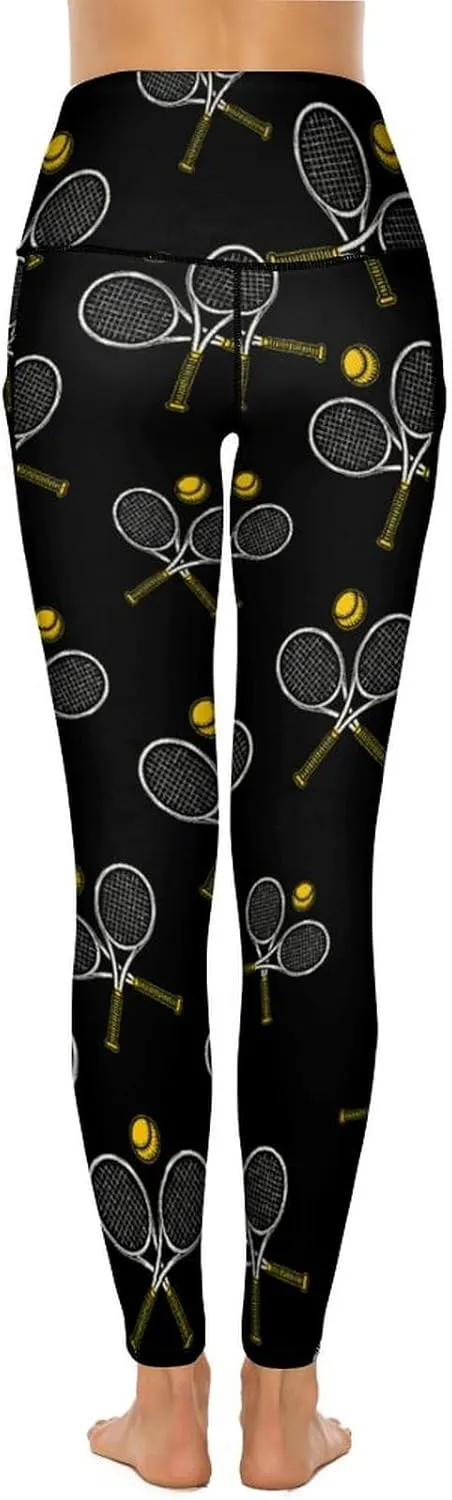 Tennis Racket Ball Women's Yoga Pants Leggings with Pockets High Waist Compression Workout Pants