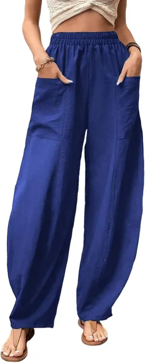 TIAFORD Women's High Waist Baggy Linen Wide Leg Trousers Casual Solid Color Elastic Waist Harem Pants with Front Pockets