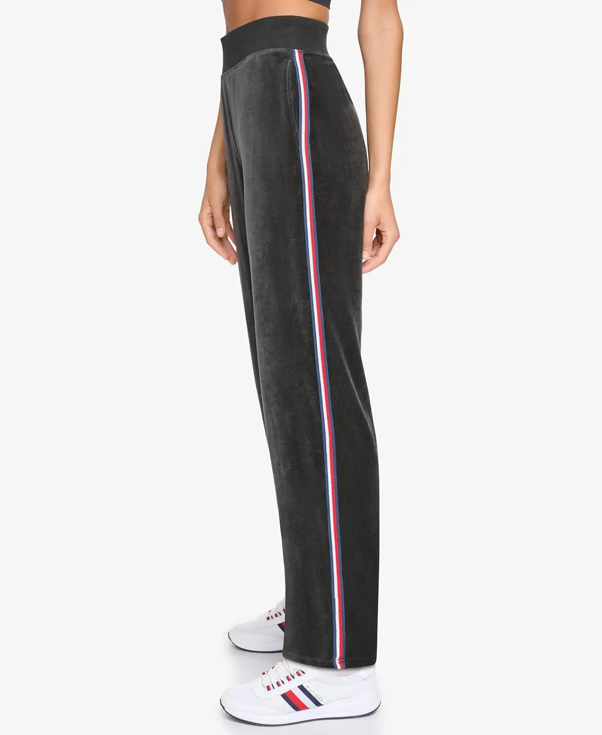 Tommy Hilfiger Women's Global Stripe Mesh Tape Ribbed Waistband Velour Straight Leg Jogger