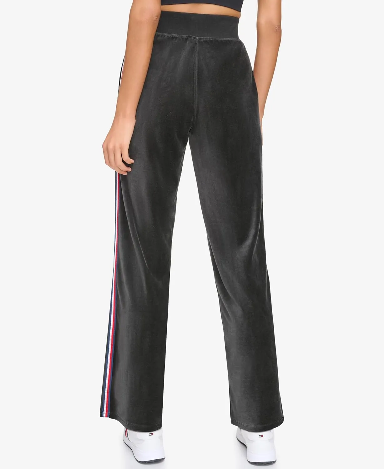 Tommy Hilfiger Women's Global Stripe Mesh Tape Ribbed Waistband Velour Straight Leg Jogger