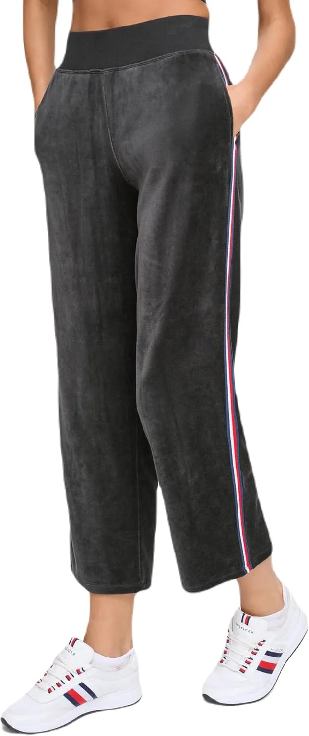 Tommy Hilfiger Women's Global Stripe Mesh Tape Ribbed Waistband Velour Straight Leg Jogger