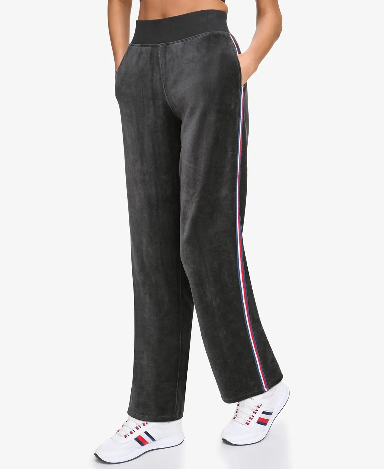 Tommy Hilfiger Women's Global Stripe Mesh Tape Ribbed Waistband Velour Straight Leg Jogger