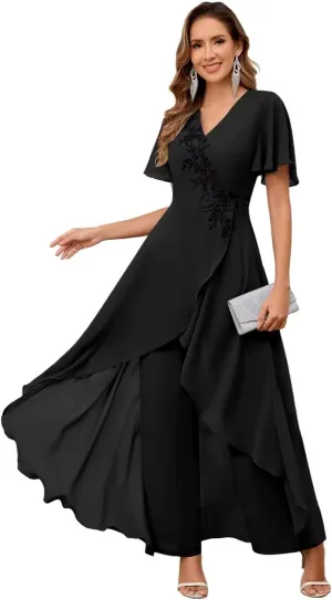 TORYEMY Mother of The Bride Pant Suits for Wedding Chiffon Lace Appliques Short Sleeve Pant Suits for Women Dressy with Bead