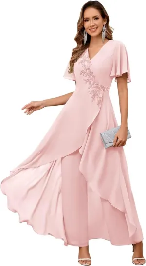 TORYEMY Mother of The Bride Pant Suits for Wedding Chiffon Lace Appliques Short Sleeve Pant Suits for Women Dressy with Bead