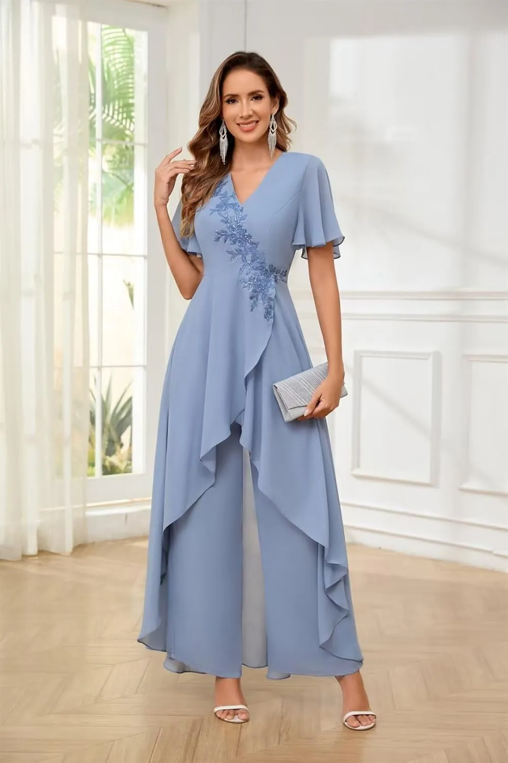 TORYEMY Mother of The Bride Pant Suits for Wedding Chiffon Lace Appliques Short Sleeve Pant Suits for Women Dressy with Bead