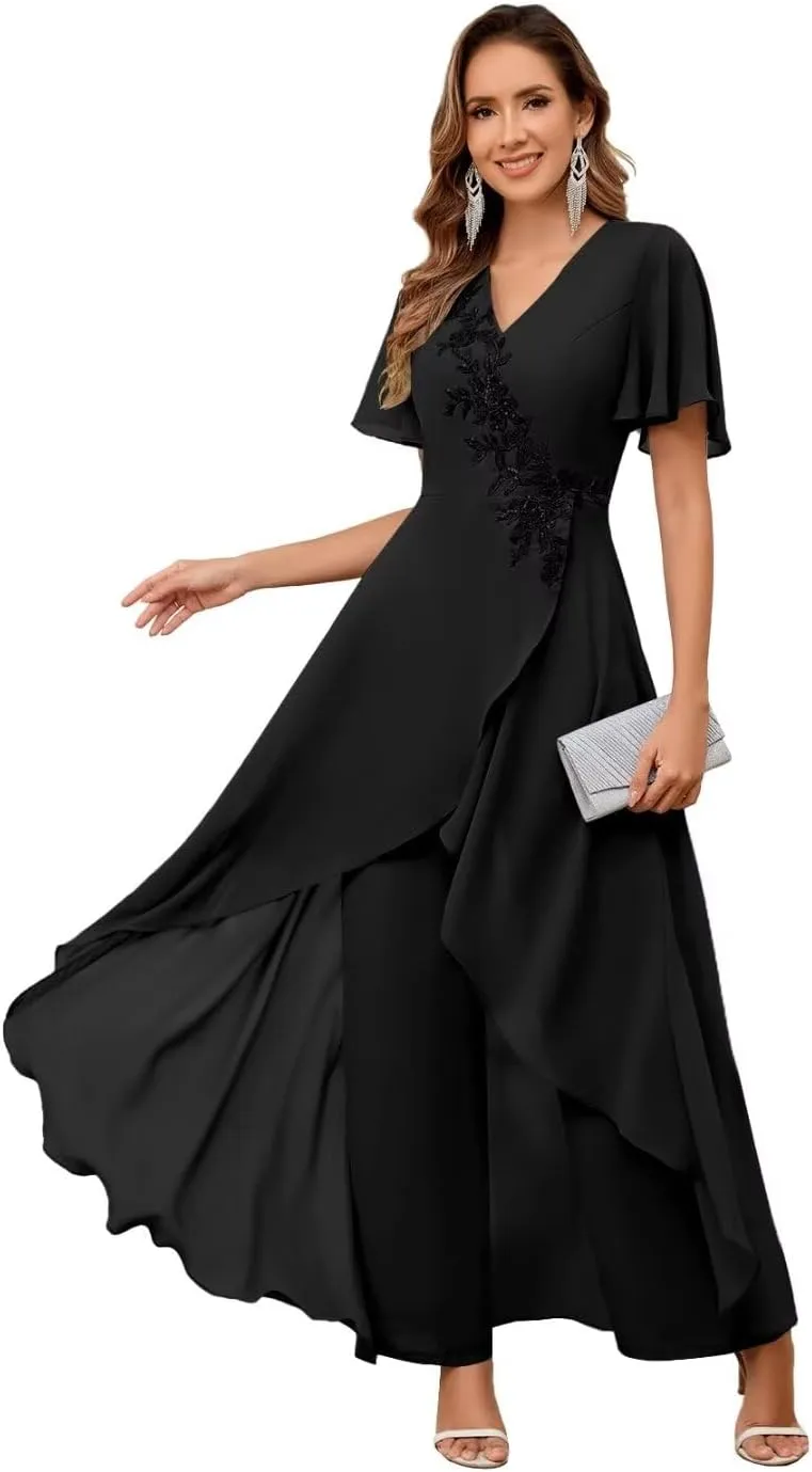 TORYEMY Mother of The Bride Pant Suits for Wedding Chiffon Lace Appliques Short Sleeve Pant Suits for Women Dressy with Bead