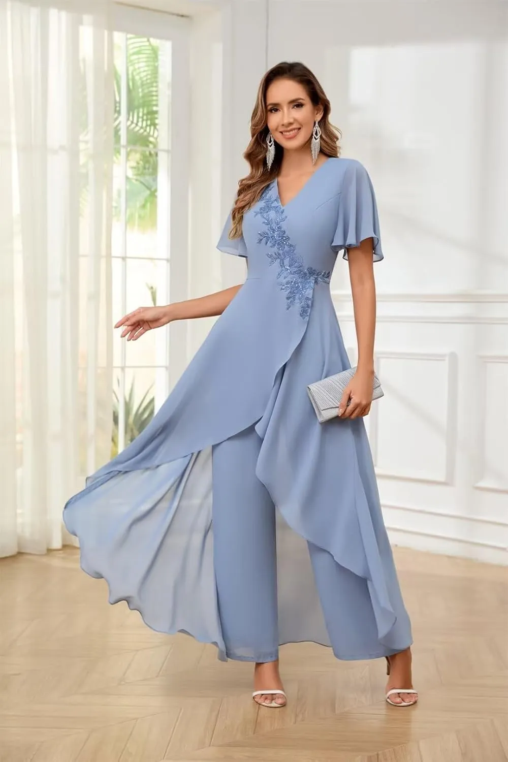 TORYEMY Mother of The Bride Pant Suits for Wedding Chiffon Lace Appliques Short Sleeve Pant Suits for Women Dressy with Bead