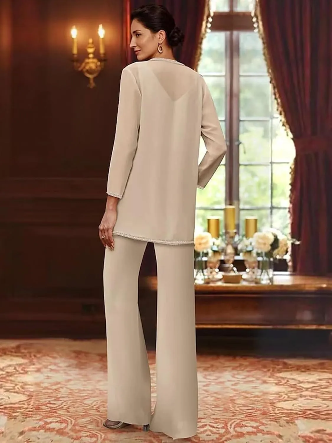 TORYEMY Mother of The Bride Pant Suits for Wedding Chiffon Sequin Long Sleeve Formal Evening Outfit with Bead