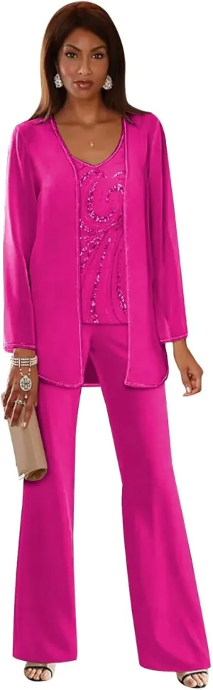 TORYEMY Mother of The Bride Pant Suits for Wedding Chiffon Sequin Long Sleeve Formal Evening Outfit with Bead