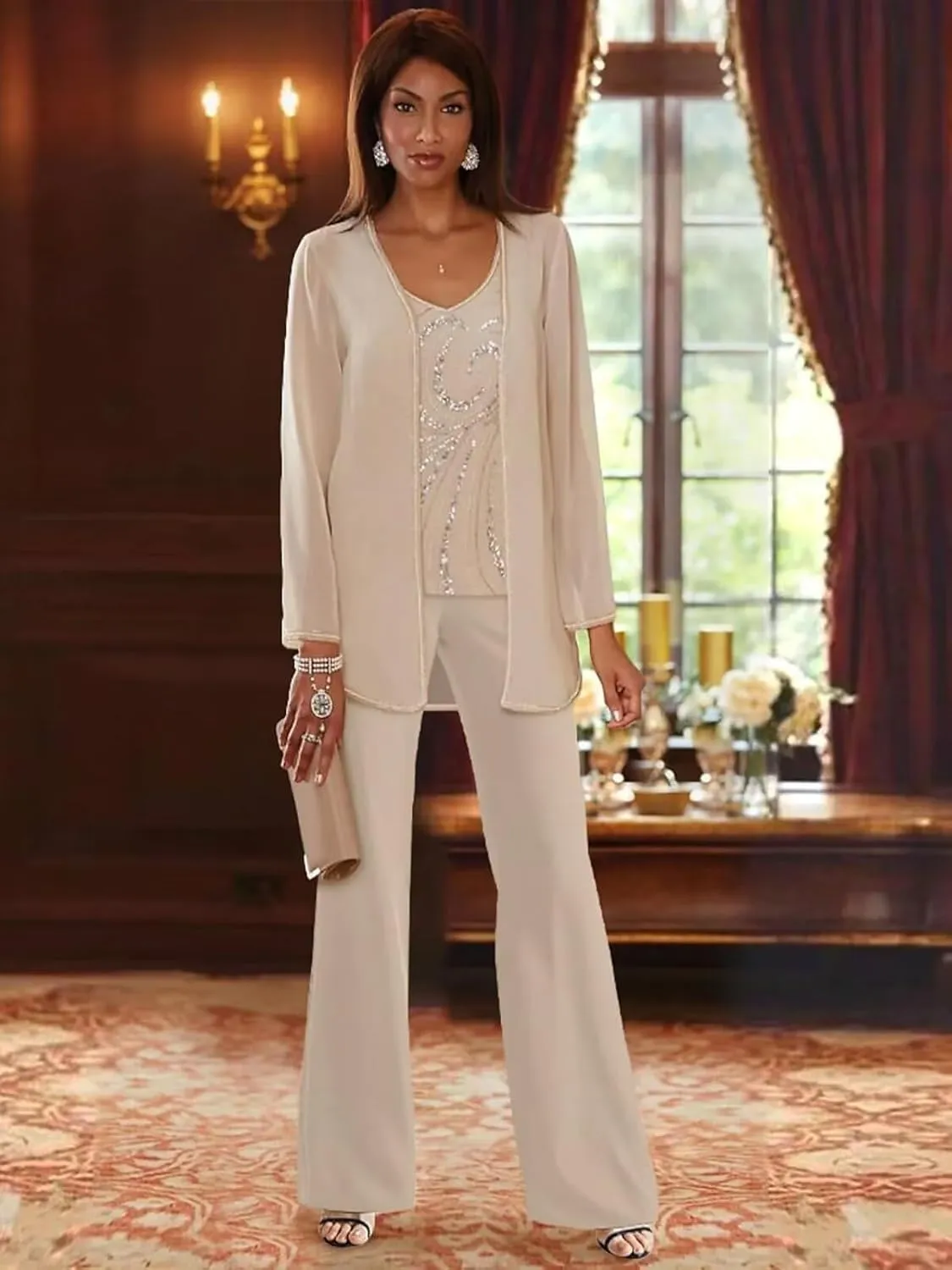 TORYEMY Mother of The Bride Pant Suits for Wedding Chiffon Sequin Long Sleeve Formal Evening Outfit with Bead