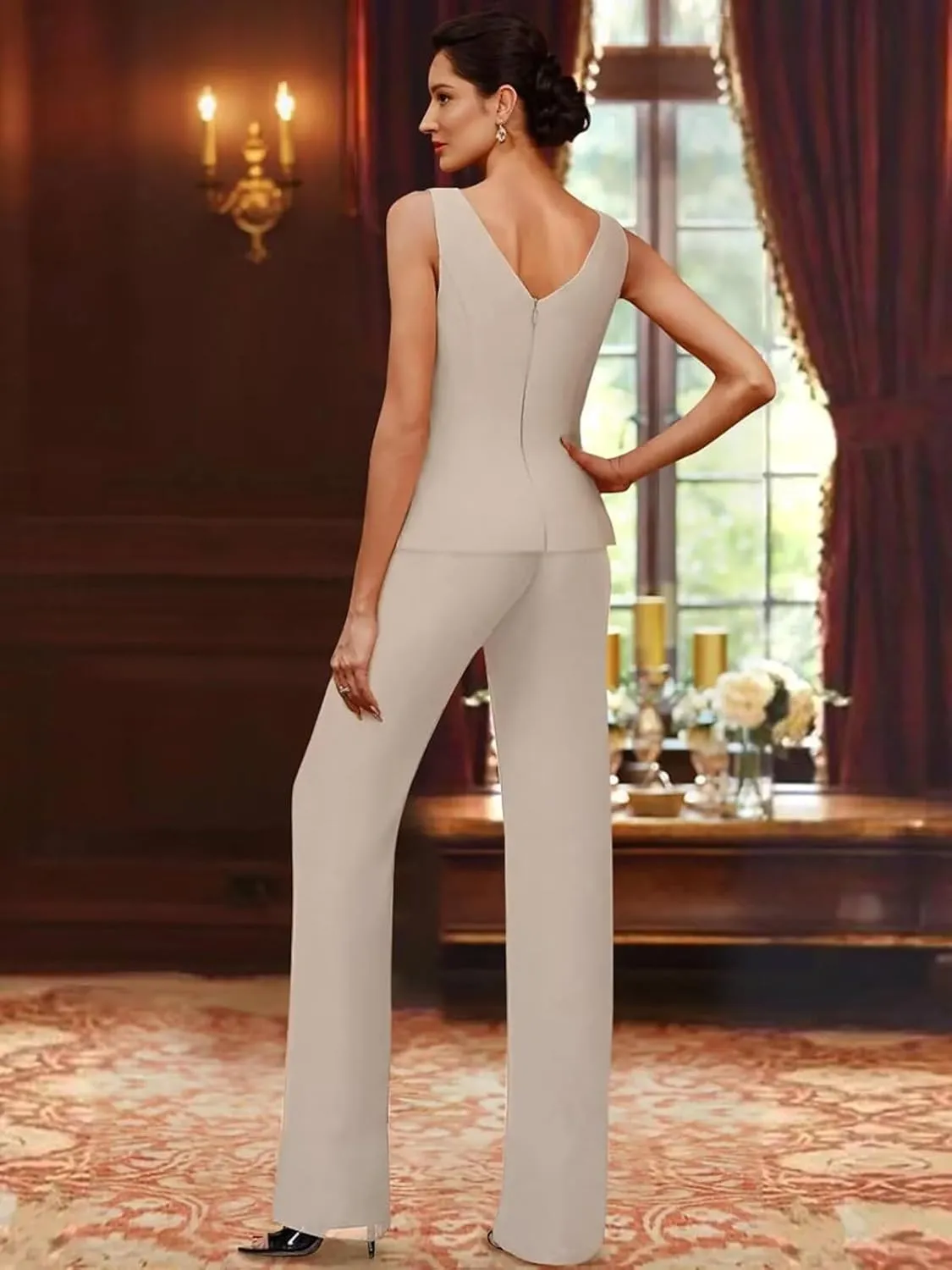 TORYEMY Mother of The Bride Pant Suits for Wedding Chiffon Sequin Long Sleeve Formal Evening Outfit with Bead
