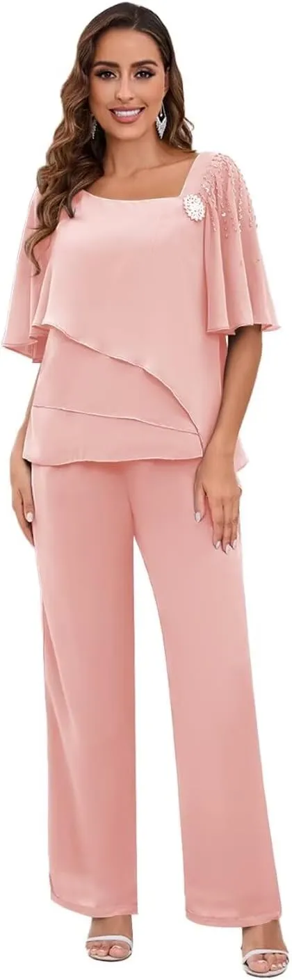 TORYEMY Mother of The Bride Pant Suits for Wedding Chiffon Short Sleeve Formal Evening Outfit with Bead