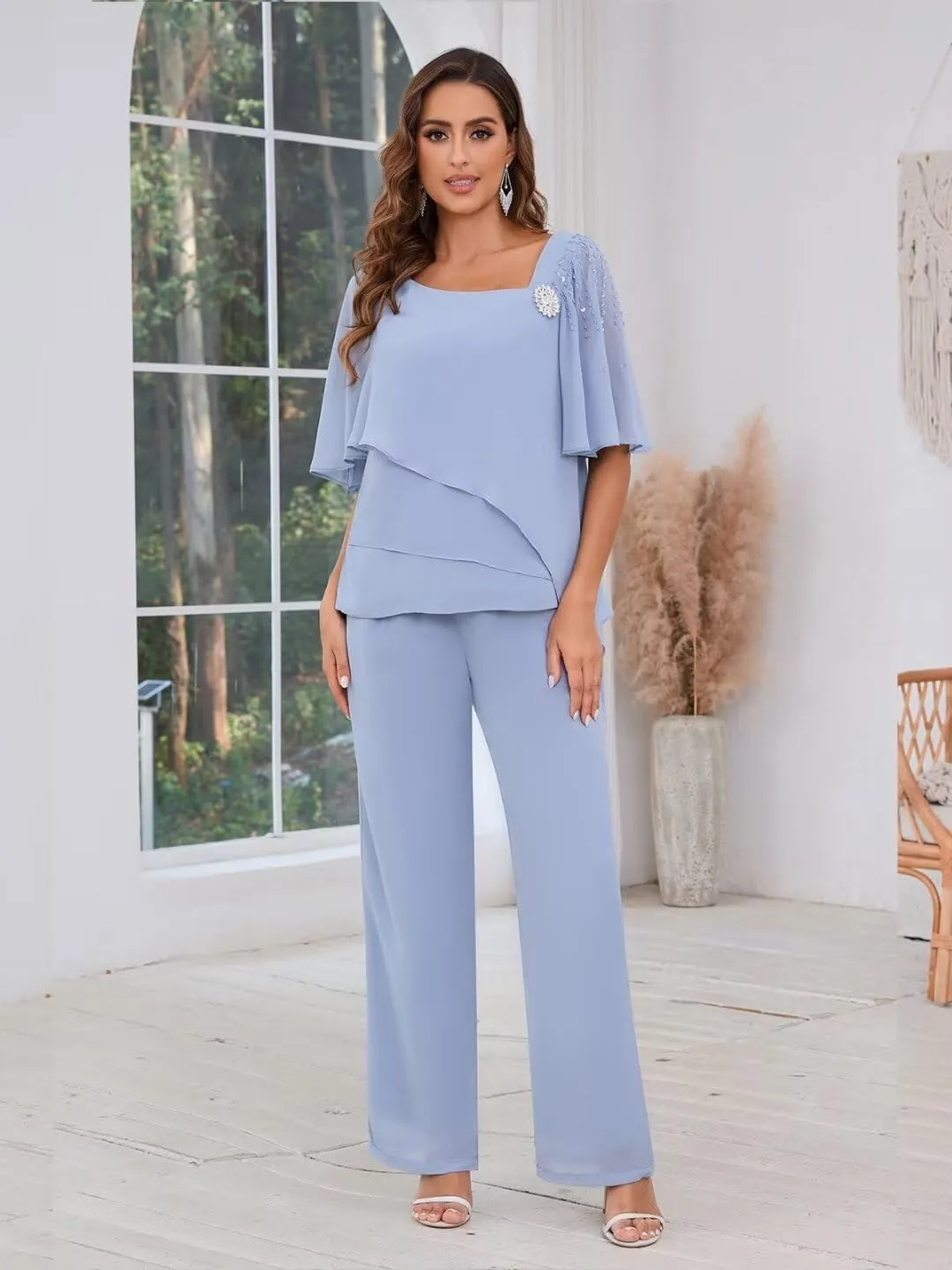 TORYEMY Mother of The Bride Pant Suits for Wedding Chiffon Short Sleeve Formal Evening Outfit with Bead